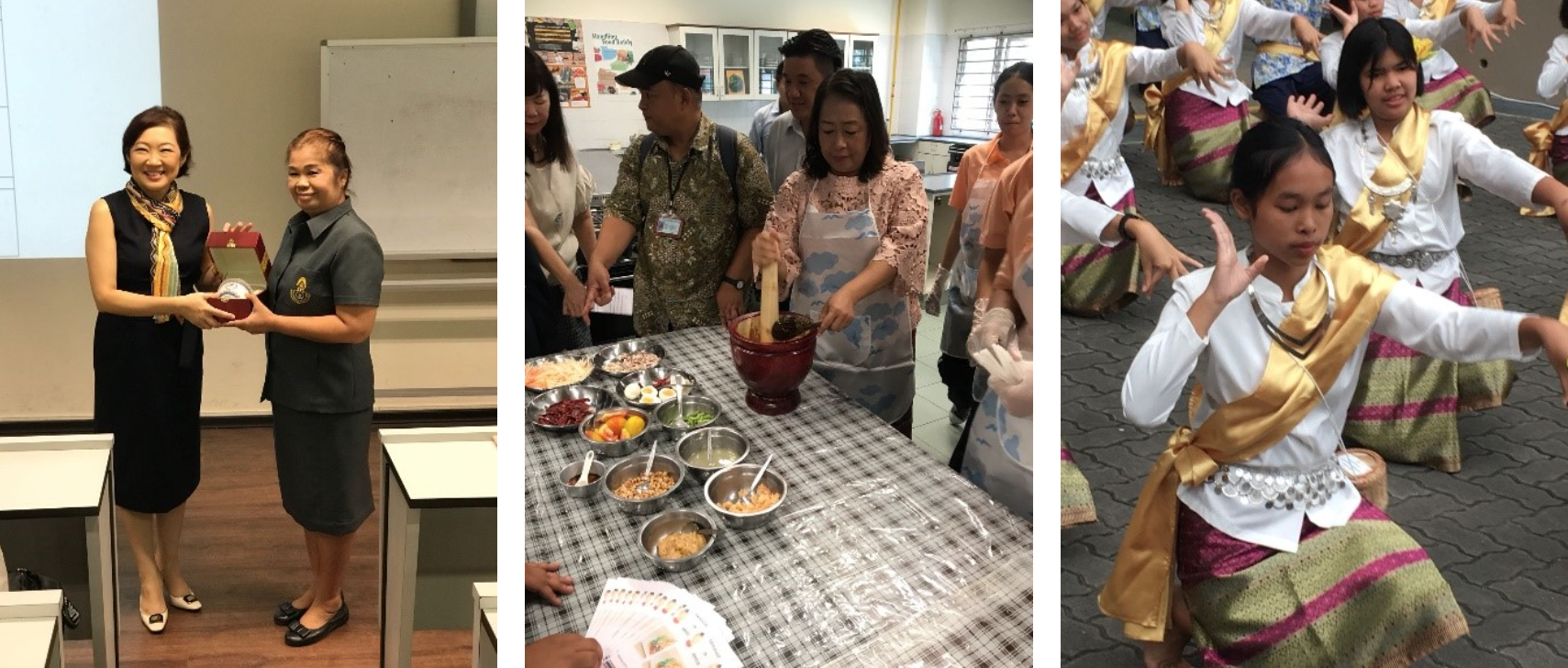 Three scenes: two women exchanging a gift, a group around a food preparation table, and women in traditional Thai costumes dancing.